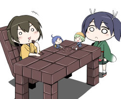 Rule 34 | 10s, 4girls, blue hair, blush, brown hair, chair, chibi, chocolate, damage control crew (kancolle), desk, eating, fairy (kancolle), frown, green hair, helmet musume (kancolle), hiryuu (kancolle), kantai collection, maintenance musume (kancolle), multiple girls, o o, paint roller, personification, shishigami (sunagimo), smile, souryuu (kancolle)