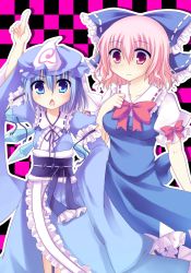 Rule 34 | 2girls, bad id, bad pixiv id, blue dress, blue eyes, blue hair, bow, chestnut mouth, cirno, cosplay, costume switch, dress, fujisaki kaon, hair bow, hand on own chest, hat, multiple girls, open mouth, pink eyes, pink hair, pointing, pointing up, saigyouji yuyuko, sash, short hair, smile, touhou, wings