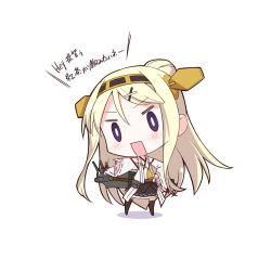 Rule 34 | 1girl, blonde hair, blush, bow, chibi, cosplay, detached sleeves, gia kon, hair ornament, hairclip, hand on own hip, headband, kantai collection, kin-iro mosaic, kongou (kancolle) (cosplay), kongou (kancolle), kujou karen, long hair, nontraditional miko, open mouth, pointing, purple eyes, voice actor connection, shadow, skirt, solo, standing, thighhighs, touyama nao, translation request, very long hair, white background, x hair ornament