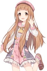Rule 34 | 1girl, :d, ascot, blunt bangs, brown eyes, brown hair, buttons, center frills, commentary, frills, hand up, hat, highres, ichihara nina, idolmaster, idolmaster cinderella girls, long hair, long sleeves, looking at viewer, open mouth, plaid, shirt, shone, simple background, smile, solo, suspenders, very long hair, waving, white background, white shirt, yellow ascot