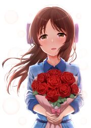 Rule 34 | 1girl, aiban, backlighting, blue shirt, bouquet, bow, brown eyes, brown hair, commentary, facing viewer, flower, hair bow, happy tears, highres, holding, holding bouquet, idolmaster, idolmaster cinderella girls, long sleeves, pink bow, red flower, red rose, rose, shirt, simple background, sleeves past elbows, solo, tachibana arisu, tearing up, tears, upper body, white background