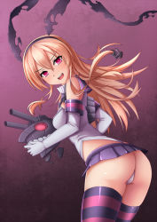 Rule 34 | 10s, 1girl, :d, abyssal ship, alternate eye color, anchor hair ornament, ass, corruption, dark persona, elbow gloves, gloves, hair ornament, hairband, highres, kaiyi, kantai collection, light brown hair, long hair, looking at viewer, machinery, open mouth, pleated skirt, purple eyes, school uniform, serafuku, shimakaze (kancolle), skirt, smile, solo, turret, white gloves