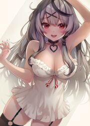 Rule 34 | 1girl, bare shoulders, breasts, camisole, cleavage, grey hair, highres, hololive, large breasts, long hair, medium breasts, multicolored hair, omoti (1201208), open mouth, red eyes, sakamata chloe, solo, streaked hair, virtual youtuber, white camisole