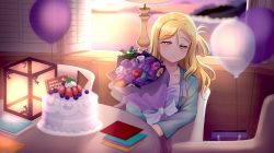 Rule 34 | 1girl, absurdres, aqua jacket, artist name, artist request, bag, balloon, blonde hair, blush, bouquet, braid, breasts, brown eyes, cake, chair, cloud, collarbone, crown braid, closed eyes, female focus, flower, food, green eyes, hair rings, highres, holding, holding bouquet, indoors, jacket, letter, looking at viewer, love live!, love live! school idol festival, love live! sunshine!!, ohara mari, on chair, open window, parted lips, plate, purple balloon, shirt, short hair, sitting, sky, smile, solo, strawberry cake, sunset, table, upper body, white balloon, white shirt, window, yellow eyes