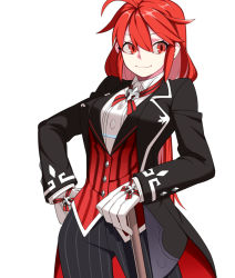 Rule 34 | 1girl, ahoge, april fools, blouse, butler, cane, collared shirt, cowboy shot, elesis (elsword), elsword, female butler, formal, hand on own hip, highres, long hair, pants, pinstripe pants, pinstripe pattern, red eyes, red hair, shirt, simple background, smile, solo, striped clothes, striped pants, suit, symbol, uniform, waistcoat, white background, white shirt, xkxh1674