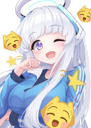 Rule 34 | 1girl, blue archive, blue jacket, blush, breasts, emoji, grey hair, halo, jacket, large breasts, long hair, long sleeves, looking at viewer, mechanical halo, mikishiro, noa (blue archive), one eye closed, open mouth, purple eyes, simple background, smile, solo, tracen ondo (song), upper body, white background, zipper