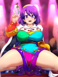 Rule 34 | 3girls, :d, bag, belt, blue eyes, blue hair, boots, breasts, bright pupils, cape, commentary request, fox tail, highres, iizunamaru megumu, index finger raised, indoors, kudamaki tsukasa, large breasts, looking at viewer, multicolored clothes, multiple girls, nipples, open mouth, peso (cheese company), purple footwear, short hair, shoulder guard, smile, solo focus, squatting, tail, tenkyuu chimata, thighs, touhou, white cape, white pupils, zipper