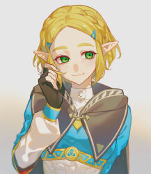 Rule 34 | 1girl, blonde hair, braid, closed mouth, crown braid, fingerless gloves, gloves, green eyes, hair ornament, hairclip, highres, itou (very ito), long sleeves, looking to the side, nintendo, official alternate costume, official alternate hair length, official alternate hairstyle, parted bangs, pointy ears, portrait, princess zelda, short hair, sidelocks, simple background, smile, solo, the legend of zelda, the legend of zelda: tears of the kingdom, upper body