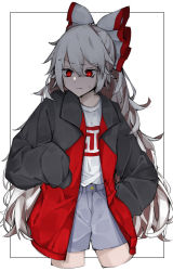 Rule 34 | 1girl, absurdres, alternate costume, black coat, blue shorts, bow, coat, commentary request, contemporary, cowboy shot, cropped legs, fujiwara no mokou, hair bow, hand in pocket, highres, hisha (kan moko), long hair, red bow, red eyes, shirt, shorts, simple background, sleeves past fingers, sleeves past wrists, solo, sweat, touhou, white background, white bow, white hair, white shirt