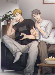 Rule 34 | 2boys, blonde hair, brothers, chips (food), controller, couch, food, grey hair, haikyuu!!, head rest, highres, holding, indoors, looking at viewer, looking away, male focus, miya atsumu, miya osamu, multiple boys, multiple girls, no shoes, open mouth, pants, pillow, plant, potted plant, remote control, ri mumu, shirt, short hair, siblings, sitting, socks, t-shirt, table, twins