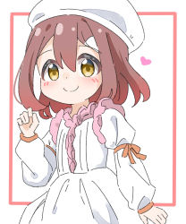 Rule 34 | 1girl, beret, blush, brown eyes, brown hair, center frills, closed mouth, commentary request, dress, frills, fukumoto futaba, hair ornament, hairclip, hand up, hat, heart, highres, kapuru 0410, long sleeves, looking at viewer, puffy long sleeves, puffy sleeves, sleeves past wrists, slow loop, smile, solo, white background, white dress, white hat
