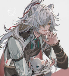 Rule 34 | 1boy, animal ears, chinese clothes, grey background, grey hair, hair over one eye, hair ribbon, half updo, honkai: star rail, honkai (series), jing yuan, lion boy, lion cub, lion ears, long hair, long sleeves, male focus, one eye covered, open mouth, red ribbon, ribbon, signature, smile, solo, ueauwa, yellow eyes