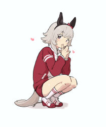 Rule 34 | 1girl, animal ears, blush, brown eyes, closed mouth, curren chan (umamusume), fake animal ears, full body, grey hair, hairband, heart, highres, horse ears, horse girl, horse tail, jacket, long sleeves, michia (bourgognepony), own hands together, red jacket, red shorts, shoes, short hair, short shorts, shorts, smile, sneakers, socks, solo, squatting, tail, tracen training uniform, track jacket, umamusume, white background, white socks
