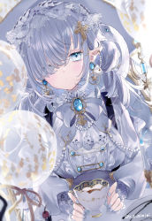 Rule 34 | 1girl, blouse, cup, earrings, grey hair, hair over one eye, holding, holding cup, jewelry, long hair, long sleeves, looking at viewer, nail polish, one eye covered, original, pointy ears, sakurato remi, shirt, snake, solo, teacup, white shirt, white theme, witch