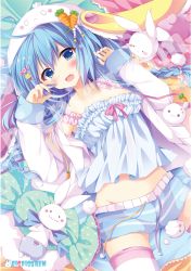 Rule 34 | 1girl, ahoge, blue eyes, blue hair, blush, carrot hair ornament, collarbone, cowboy shot, fang, food-themed hair ornament, hair ornament, hairclip, long hair, long sleeves, looking at viewer, lying, on back, open mouth, original, picpicgram, pink thighhighs, rabbit, solo, striped clothes, striped thighhighs, thighhighs