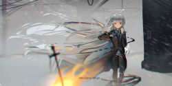 Rule 34 | 1girl, absurdres, black coat, black pantyhose, chromatic aberration, coat, commentary, detached wings, english commentary, grey hair, hair ornament, hairclip, halo, highres, lemtun, long hair, long sleeves, orange eyes, original, pantyhose, snow, solo, standing, very long hair, wings