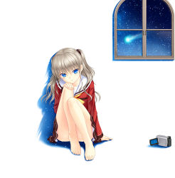 Rule 34 | 10s, 1girl, against wall, arm support, bare legs, barefoot, blue eyes, blush, breasts, camcorder, camera, charlotte (anime), comet, convenient leg, feet, full body, glowing, grey hair, head tilt, indoors, legs, long hair, long sleeves, looking at viewer, miniskirt, na-ga, neckerchief, night, night sky, petticoat, school uniform, scrunchie, serafuku, shadow, simple background, sitting, skirt, sky, small breasts, solo, star (sky), starry sky, toes, tomori nao, twintails, two side up, video camera, wavy hair, white background, window
