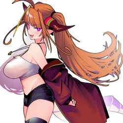 ahoge black_shorts black_thighhighs blonde_hair breasts crop_top dismassd dragon_girl dragon_horns from_side highres hololive horns jacket jewelry kiryu_coco large_breasts long_hair midriff multicolored_hair navel necklace orange_hair pointy_ears red_jacket shorts streaked_hair tank_top thighhighs virtual_youtuber white_tank_top