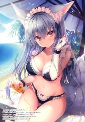 Rule 34 | 1girl, :o, absurdres, animal ear fluff, animal ears, bare shoulders, beach, beach umbrella, bikini, black bikini, black ribbon, blush, breasts, cleavage, cloud, collarbone, day, flower, fox ears, fox girl, fox tail, frilled bikini, frills, gluteal fold, groin, hand up, highres, large breasts, long hair, looking at viewer, lotion, lotion bottle, maid, maid bikini, maid headdress, navel, ocean, original, outdoors, parted lips, pouring, pouring onto self, red eyes, ribbon, scan, silver hair, sitting, solo, stomach, swimsuit, tail, tateha (marvelous grace), thighs, umbrella, unconventional maid, very long hair, wet, white flower, wrist cuffs