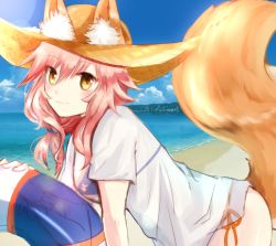 Rule 34 | 10s, 1girl, animal ears, bikini, blue bikini, blue sky, blush, breasts, cloud, day, ears through headwear, fate/extra, fate/grand order, fate (series), fox ears, fox tail, from side, hat, innertube, large breasts, long hair, looking at viewer, ocean, outdoors, pink hair, ruchita, see-through, sketch, sky, solo, straw hat, swim ring, swimsuit, tail, tamamo (fate), tamamo no mae (fate/extra), tamamo no mae (swimsuit lancer) (fate), tamamo no mae (swimsuit lancer) (first ascension) (fate), water, yellow eyes