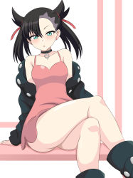 Rule 34 | 1girl, :o, absurdres, asymmetrical bangs, bare legs, bare shoulders, black choker, black footwear, black hair, black jacket, blush, boots, breasts, choker, cleavage, collarbone, creatures (company), crossed legs, dress, feet out of frame, game freak, green eyes, hair ribbon, highres, jacket, kuro hopper, legs, looking at viewer, marnie (pokemon), nintendo, off shoulder, open mouth, pendant choker, pink dress, pokemon, pokemon swsh, red ribbon, ribbon, short dress, sitting, solo, spaghetti strap, thighs, twintails, two side up, white background