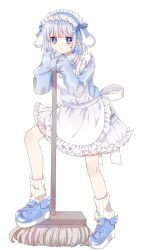 1girl absurdres apron azarashi6 back_bow blue_eyes blue_footwear blue_hair blue_jacket blush bow broom dot_nose frilled_apron frills full_body highres holding holding_broom jacket jersey_maid leg_warmers long_sleeves maid maid_headdress original pout simple_background sleeves_past_fingers sleeves_past_wrists solo standing unconventional_maid white_apron white_bow white_leg_warmers