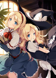Rule 34 | 2girls, alice margatroid, back-to-back, blonde hair, blue eyes, blush, book, hugging book, bow, capelet, dress, face, grin, hair bow, hairband, hat, unworn hat, unworn headwear, holding, holding book, ke-ta, kirisame marisa, multiple girls, hugging object, smile, touhou, witch hat