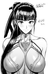 1girl bare_shoulders breasts character_name collarbone commentary_request covered_erect_nipples eve_(stellar_blade) greyscale highres impossible_clothes large_breasts long_bangs long_hair monochrome sgk signature smile solo stellar_blade