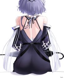 Rule 34 | 1girl, arknights, ass, back, bare shoulders, black dress, closed umbrella, detached sleeves, dress, facing away, from behind, highres, long hair, long sleeves, low ponytail, purple hair, signature, simple background, sitting, solo, umbrella, whisperain (arknights), white background, xooku