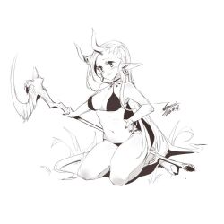 Rule 34 | 1girl, breasts, character request, cleavage, closed mouth, dated, earrings, ejami, full body, greyscale, horns, jewelry, league of legends, long hair, medium breasts, monochrome, nail polish, navel, pointy ears, signature, simple background, smile, solo, staff, swimsuit, white background