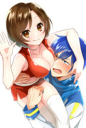 Rule 34 | 1boy, 1girl, blue eyes, blue hair, blue nails, blue scarf, blush, breasts, brown eyes, brown hair, carrying, carrying person, cleavage, coat, collarbone, commentary request, eyelashes, from above, hair between eyes, jewelry, kaito (vocaloid), large breasts, leaning on person, looking at another, looking at viewer, meiko (vocaloid), necklace, open mouth, red nails, red skirt, scarf, shiny clothes, short hair, skirt, sleeveless, sleeveless jacket, smile, sukoyaka (100hituzi), sweatdrop, thighhighs, vocaloid, waving, white background, white thighhighs