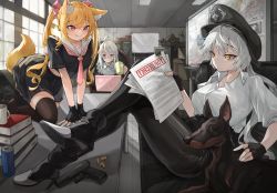 Rule 34 | 3girls, :p, ahoge, all fours, animal ear fluff, animal ears, bad id, bad pixiv id, blonde hair, book, book stack, boots, box, bullet, can, cat, collared shirt, computer, cup, doberman, dog, feet on table, fingerless gloves, frills, glasses, glock, gloves, gun, hair ribbon, handgun, hat, high heels, highres, holding, holding paper, indoors, laptop, long hair, military hat, mug, multiple girls, neckerchief, office, orange eyes, original, paper, petting, pic, pistol, red eyes, ribbon, school uniform, serafuku, shirt, sleeves rolled up, smile, tail, tongue, tongue out, twintails, weapon, white hair, whiteboard, yellow eyes
