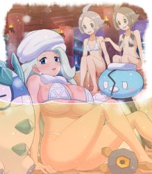 Rule 34 | 3girls, absurdres, arm support, barefoot, bathing, bikini, blue eyes, blush, body blush, breasts, cleavage, commentary request, convenient censoring, creatures (company), earrings, eiscue, eiscue (noice), eyelashes, fire, galarian darumaka, galarian form, game freak, gen 5 pokemon, gen 8 pokemon, gym trainer (pokemon), hand up, highres, jewelry, long hair, looking at viewer, mature female, melony (pokemon), multiple girls, nail polish, navel, night, nintendo, onsen, open mouth, outdoors, partially submerged, partially underwater shot, pokemoa, pokemon, pokemon (creature), pokemon swsh, roggenrola, sitting, snom, snow, snowflakes, snowing, swimsuit, teeth, tongue, towel, towel around neck, towel on head, underwater, water, wet, white bikini