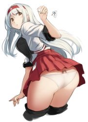 Rule 34 | 2girls, ?, ass, fairy (kancolle), giant, giantess, hairband, headband, japanese clothes, kantai collection, long hair, mini person, minigirl, multiple girls, muneate, object in clothes, object in panties, panties, pleated skirt, red hairband, red skirt, shoukaku (kancolle), silver hair, simple background, size difference, skirt, solo focus, spoken question mark, straight hair, underwear, utopia, white background, white panties, yellow eyes