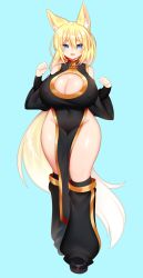 Rule 34 | 1girl, absurdly long hair, absurdres, alice (flanaki), animal ear fluff, animal ears, bare shoulders, blonde hair, blue eyes, boots, breasts, china dress, chinese clothes, cleavage, cleavage cutout, clothing cutout, commission, commissioner upload, covered erect nipples, detached sleeves, dress, fang, fox ears, fox girl, highres, huge breasts, impossible clothes, long hair, md5 mismatch, mofuaki, multicolored hair, no panties, original, pelvic curtain, resolution mismatch, solo, source smaller, thick thighs, thighs, very long hair, white hair