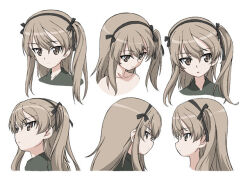 Rule 34 | 1girl, black hairband, brown eyes, closed mouth, collarbone, concept art, from behind, from side, girls und panzer, green shirt, hair between eyes, hairband, light brown hair, long bangs, long hair, multiple views, official art, one side up, shirt, simple background, white background