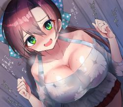 Rule 34 | 1girl, absurdres, akigumo (kancolle), akizuki shigure, alternate breast size, alternate costume, blurry, blush, breasts, brown hair, cleavage, collarbone, depth of field, dutch angle, flying sweatdrops, green eyes, hair between eyes, highres, jewelry, kantai collection, large breasts, long hair, open mouth, ponytail, ring, short sleeves, solo, sweat, translation request, wedding band