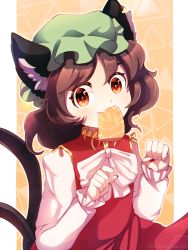 Rule 34 | + +, 1girl, animal ears, artist name, border, bow, bowtie, brown hair, cat ears, cat tail, chen, closed mouth, dress, dungeon toaster, fish (food), food, food focus, green hat, hair between eyes, hat, highres, long sleeves, looking at viewer, mob cap, multicolored eyes, multiple tails, nail polish, orange background, orange eyes, red dress, red eyes, red nails, sashimi, shirt, short hair, solo, standing, star (symbol), tail, touhou, triangle, two tails, white border, white bow, white bowtie, white shirt, white sleeves
