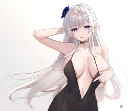 Rule 34 | 1girl, arm behind head, bare arms, bare shoulders, black choker, breasts, breasts apart, choker, circlet, earrings, elf, flower, hair flower, hair ornament, highres, jewelry, large breasts, long hair, looking at viewer, muka tsuku, navel, no bra, original, pointy ears, purple eyes, resolution mismatch, simple background, solo, source smaller, upper body, white background, white hair