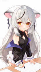 Rule 34 | 1girl, absurdres, animal ear fluff, animal ears, black dress, black jacket, blue archive, blush, breasts, brown eyes, china dress, chinese clothes, dress, grey hair, highres, jacket, kinoshita ringo (ryve5758), kokona (blue archive), long hair, looking at viewer, miniskirt, multicolored hair, off shoulder, paper, pencil, pleated skirt, pout, skirt, sleeveless, sleeveless dress, small breasts, solo, streaked hair, striped clothes, striped dress, table, tiger ears, tiger girl, vertical-striped clothes, vertical-striped dress, very long hair, white skirt, writing