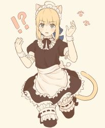 Rule 34 | !?, 1girl, ahoge, animal ears, apron, arms up, artoria pendragon (all), artoria pendragon (fate), bad id, bad twitter id, blonde hair, blush, breasts, cat ears, cat tail, cattail, dress, fate/stay night, fate (series), frilled apron, frills, green eyes, highres, looking at viewer, lq saku, maid, maid apron, maid headdress, medium breasts, official alternate costume, open mouth, plant, saber (fate), simple background, solo, sweatdrop, tail, thighhighs