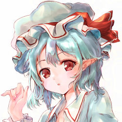 Rule 34 | 1girl, absurdres, aqua hair, collared shirt, commentary request, frilled sleeves, frills, hat, hat ribbon, highres, ikazuchi akira, long sleeves, looking at viewer, mob cap, open mouth, pointy ears, red eyes, red ribbon, remilia scarlet, ribbon, shirt, short hair, solo, touhou, white hat, white shirt