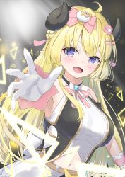 Rule 34 | 1girl, :d, ahoge, animal ears, belt, blonde hair, blush, bow, braid, breasts, clothing cutout, french braid, gloves, hair bow, hair ornament, hairclip, half updo, halterneck, highres, hololive, hololive idol uniform, horns, idol, large breasts, long hair, looking at viewer, mizuhi kou, navel, navel cutout, official alternate costume, open mouth, purple eyes, reaching, reaching towards viewer, sheep ears, sheep girl, sheep hair ornament, sheep horns, sleeveless, smile, solo, tsunomaki watame, virtual youtuber, white gloves, wrist cuffs