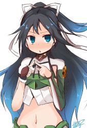 Rule 34 | 10s, 1girl, asymmetric gloves, asymmetrical gloves, black hair, blue eyes, blush, crop top, elbow gloves, fidgeting, fingerless gloves, fingers together, gloves, hair ribbon, index fingers together, japanese clothes, kantai collection, katsuragi (kancolle), long hair, looking at viewer, midriff, nanateru, ponytail, remodel (kantai collection), ribbon, shy, solo, triangle mouth, uneven gloves