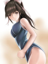 Rule 34 | 1girl, bare arms, bare shoulders, bow, breasts, brown eyes, brown hair, competition school swimsuit, from side, hair bow, hair ribbon, long hair, looking at viewer, love plus, medium breasts, nannacy7, one-piece swimsuit, ponytail, ribbon, school swimsuit, smile, solo, swimsuit, takane manaka