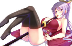 Rule 34 | 1girl, :p, bare shoulders, black thighhighs, blush, bow, breasts, cleavage, covered erect nipples, ebi 193, female focus, hair bow, katana, large breasts, long hair, looking at viewer, lying, o-ring, on back, panties, ponytail, purple eyes, purple hair, sexually suggestive, side-tie panties, simple background, sleeveless, solo, sword, thighhighs, tongue, tongue out, touhou, underwear, untied panties, watatsuki no yorihime, weapon, white background, white panties