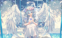 Rule 34 | 1girl, :o, absurdres, angel, angel wings, blue butterfly, blue eyes, blue flower, blue hair, blue ribbon, bow, bug, butterfly, commentary request, dress, feathered wings, feathers, flower, flower necklace, flower wreath, footwear bow, full body, fuunyon, hair between eyes, halo, head wreath, highres, insect, jewelry, long hair, looking at animal, necklace, open mouth, original, partial commentary, pink flower, pink scrunchie, ribbon, sandals, scrunchie, short sleeves, solo, squatting, toenails, water, white bow, white dress, white footwear, white wings, wings