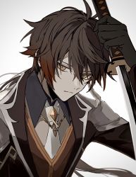 Rule 34 | 1boy, black gloves, black hair, brown hair, closed mouth, collared shirt, earrings, formal, genshin impact, gloves, hair between eyes, highres, holding, holding sword, holding weapon, jacket, jewelry, long hair, looking at viewer, male focus, mihnd182, multicolored hair, necktie, ponytail, shirt, simple background, single earring, solo, suit, sword, tassel, tassel earrings, weapon, white background, yellow eyes, zhongli (genshin impact)
