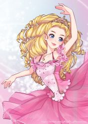 Rule 34 | 1girl, adan nanainonai, arm up, ballerina, ballet, ballet dress, barbie (character), barbie (franchise), barbie in the nutcracker, barbie movies, blonde hair, blue eyes, clara (barbie), clara (the nutcracker), crown, curly hair, dancer, dancing, dress, eyelashes, frilled sleeves, frills, hair pulled back, heart, heart necklace, jewelry, necklace, outstretched arm, pink dress, princess, ringlets, sparkle, sparkle background, the nutcracker, tiara, tutu