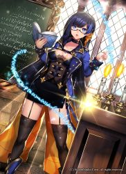 Rule 34 | 1girl, blue eyes, blue hair, book, bow, breasts, candle, cleavage, company name, earrings, glasses, gyakushuu no fantasica, jacket, jewelry, katagiri hachigou, large breasts, long hair, magic, official art, open mouth, solo, sparkle, thighhighs, window
